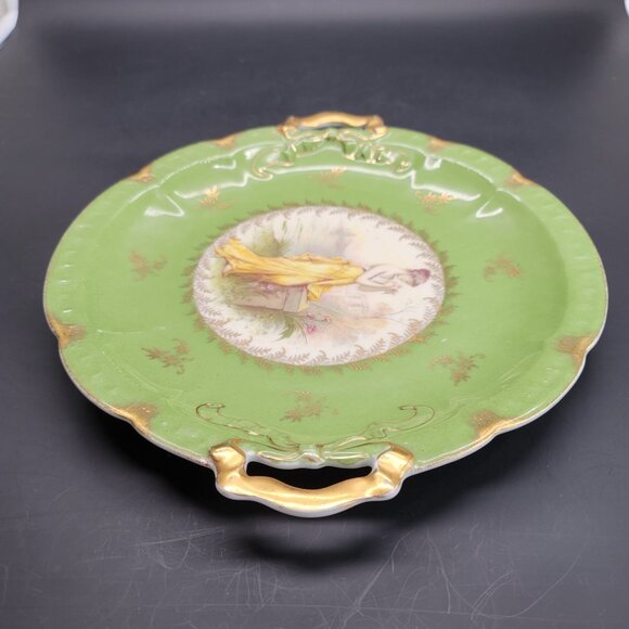 Vintage Platter RC Carmen Bavaria Crown Plate Woman in Garden Green Gold CR14 - Picture 10 of 10